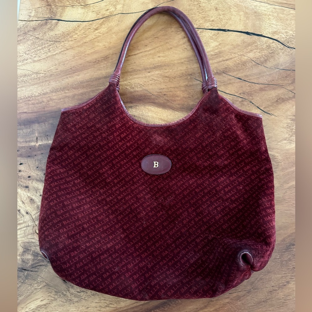 Bally Deep Red Monogram Vintage Suede Shoulder Bag